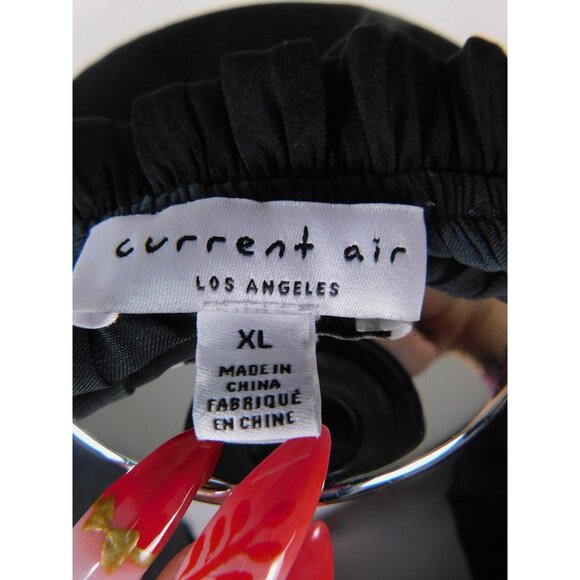 Current Air Blouse Womens XL Black Ruffle Flutter Sleeve Tie Neck Satin Pleated - Picture 10 of 12